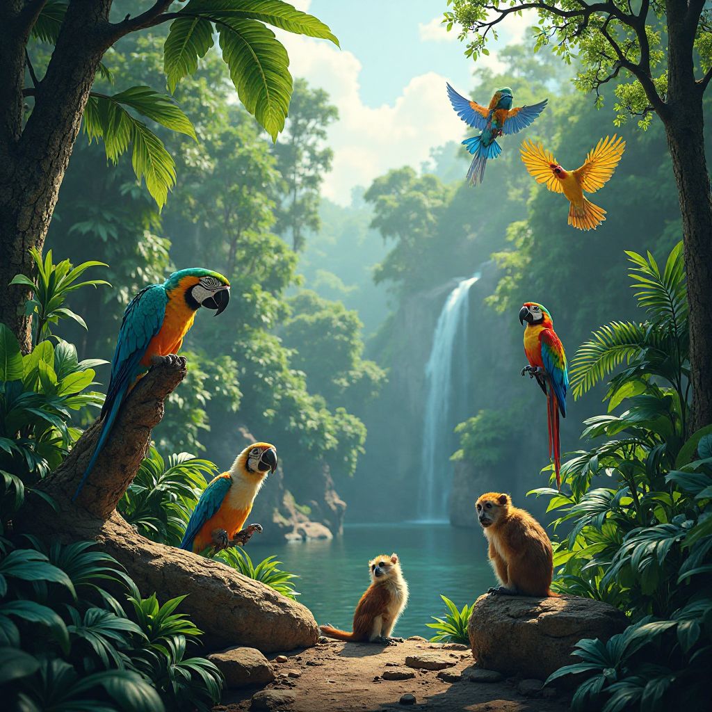 Tropical Rainforest exhibit with colorful birds and primates